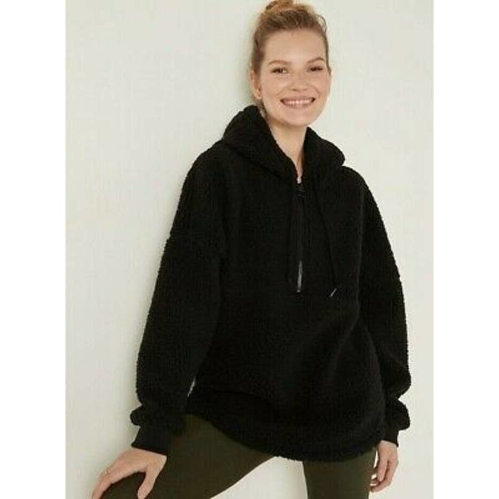Victoria's Secret PINK Black Half-Zip Varsity Sherpa Pullover Women's Size XL